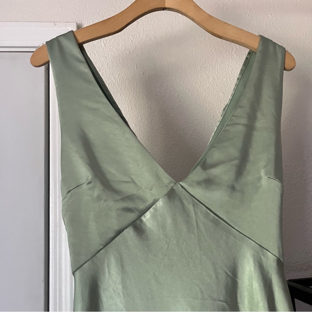 SIX STORIES sage green satin twist back cutout sleeveless event gown maxi dress - Picture 2 of 5